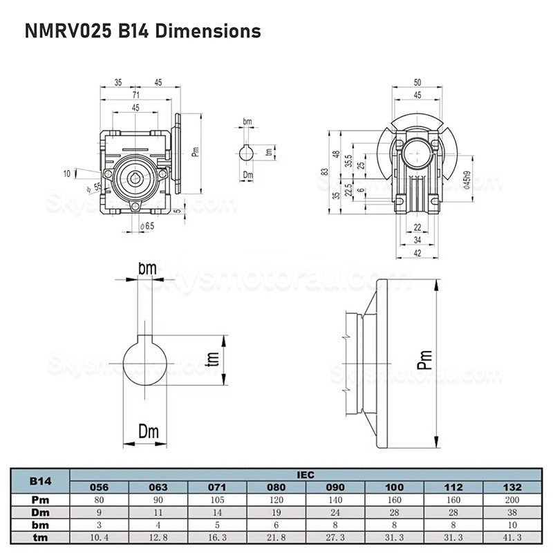 NMRV025 56B14 Worm Drive Gearbox Ratio 10:1/20:1/30:1/40:1/50:1/60:1 Input Bore 9mm